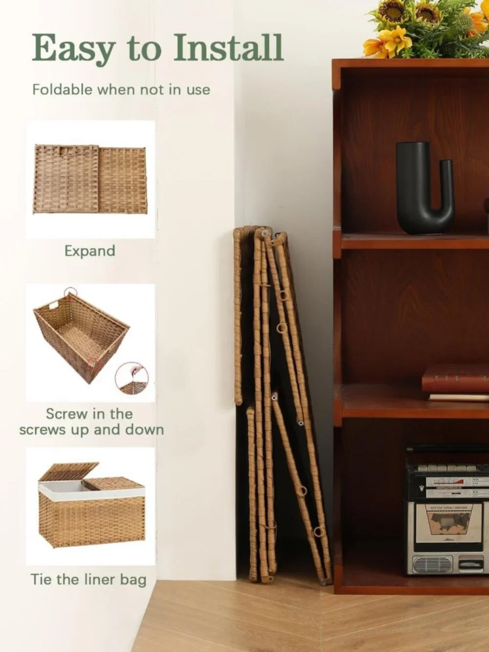Stylish Rattan Storage Basket with Lid, 2-Pack Natural Woven Bins for Organizing